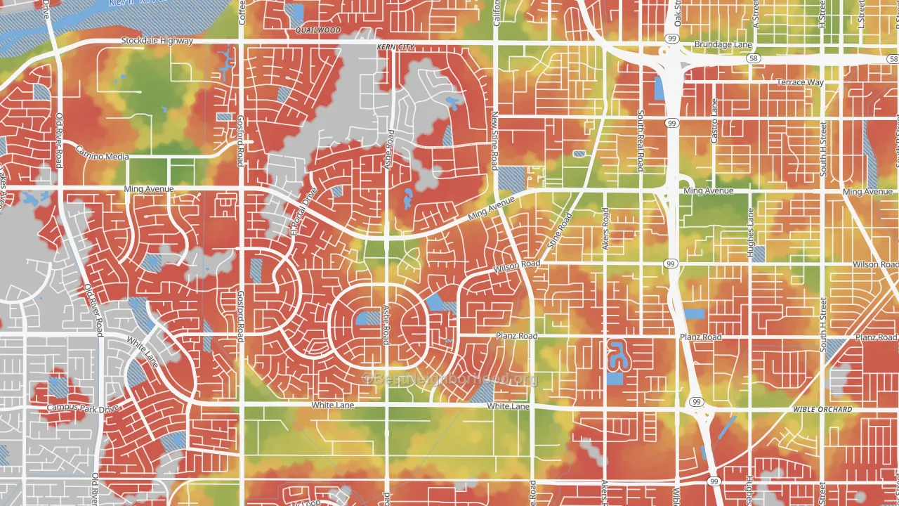 Walk Grade map of Sagepointe, Bakersfield, CA, walkable areas in green and car-dependent areas in red