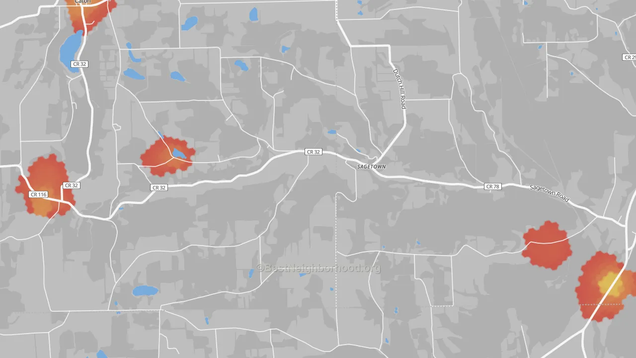 Walk Grade map of Sagetown, NY, walkable areas in green and car-dependent areas in red