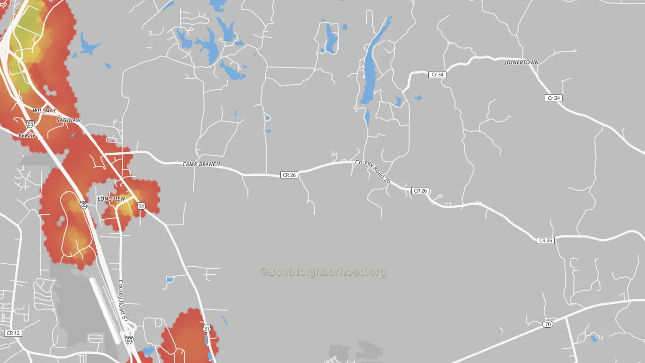 Walk Grade map of Saginaw, AL, walkable areas in green and car-dependent areas in red