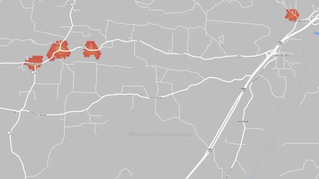 Walk Grade map of Saginaw, AR, walkable areas in green and car-dependent areas in red