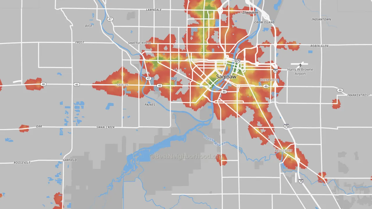 Walk Grade map of Saginaw County, MI, walkable areas in green and car-dependent areas in red