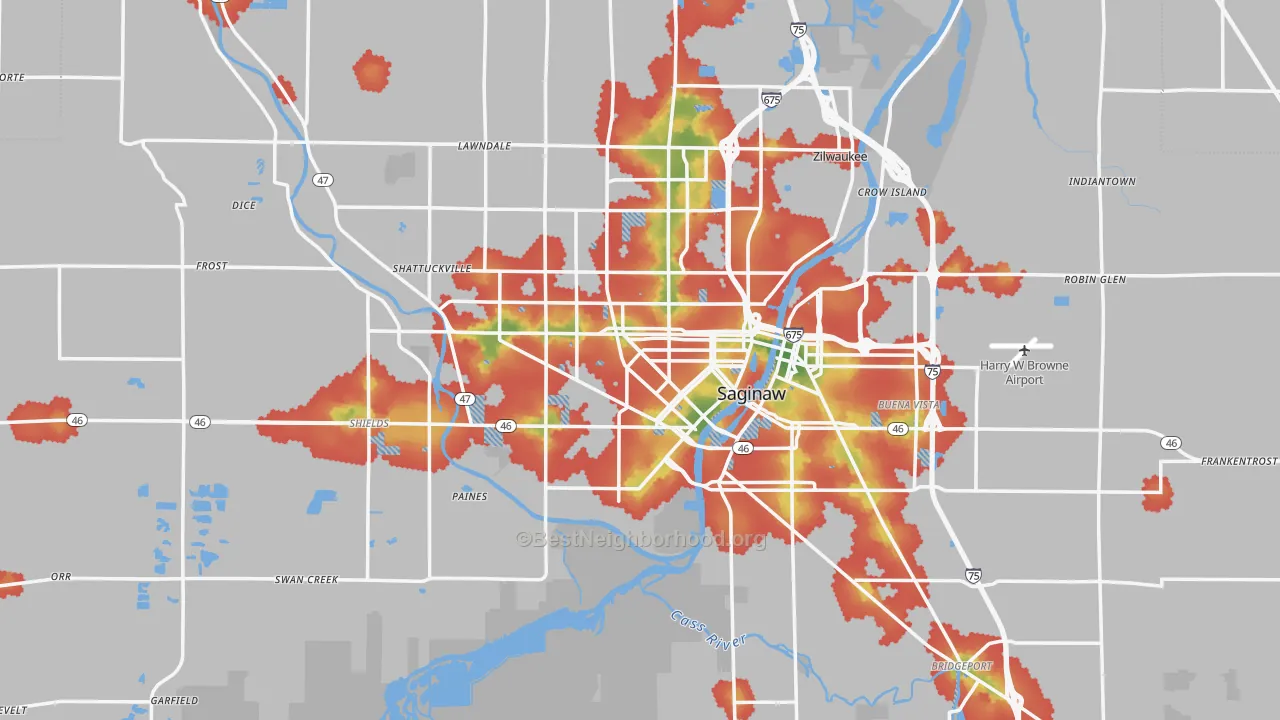 Walk Grade map of Saginaw, MI, walkable areas in green and car-dependent areas in red
