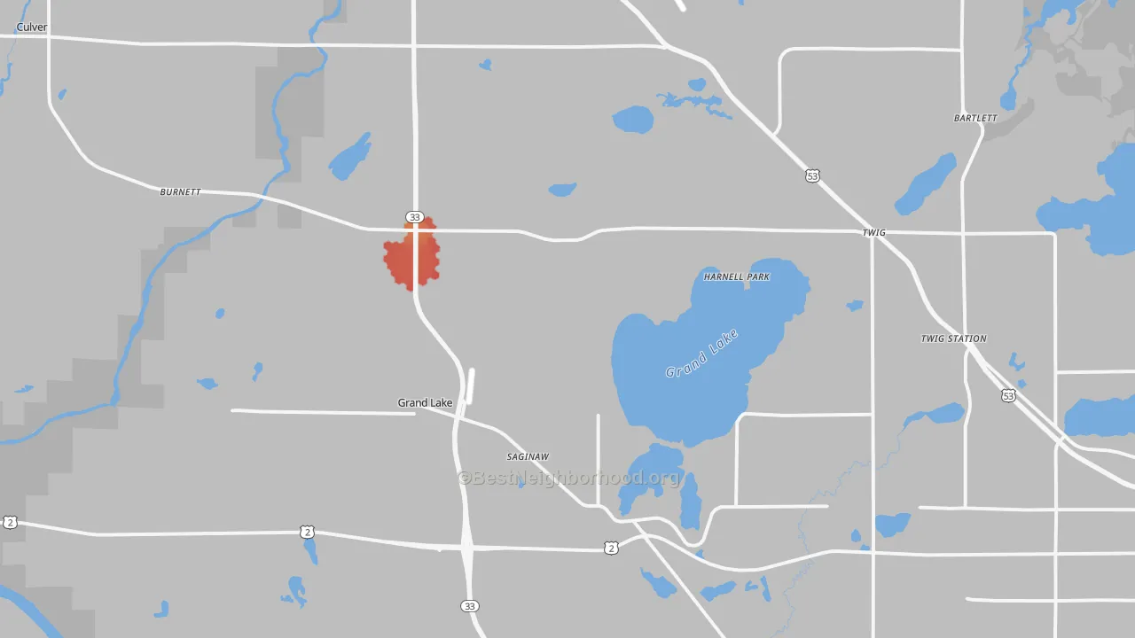 Walk Grade map of Saginaw, MN, walkable areas in green and car-dependent areas in red