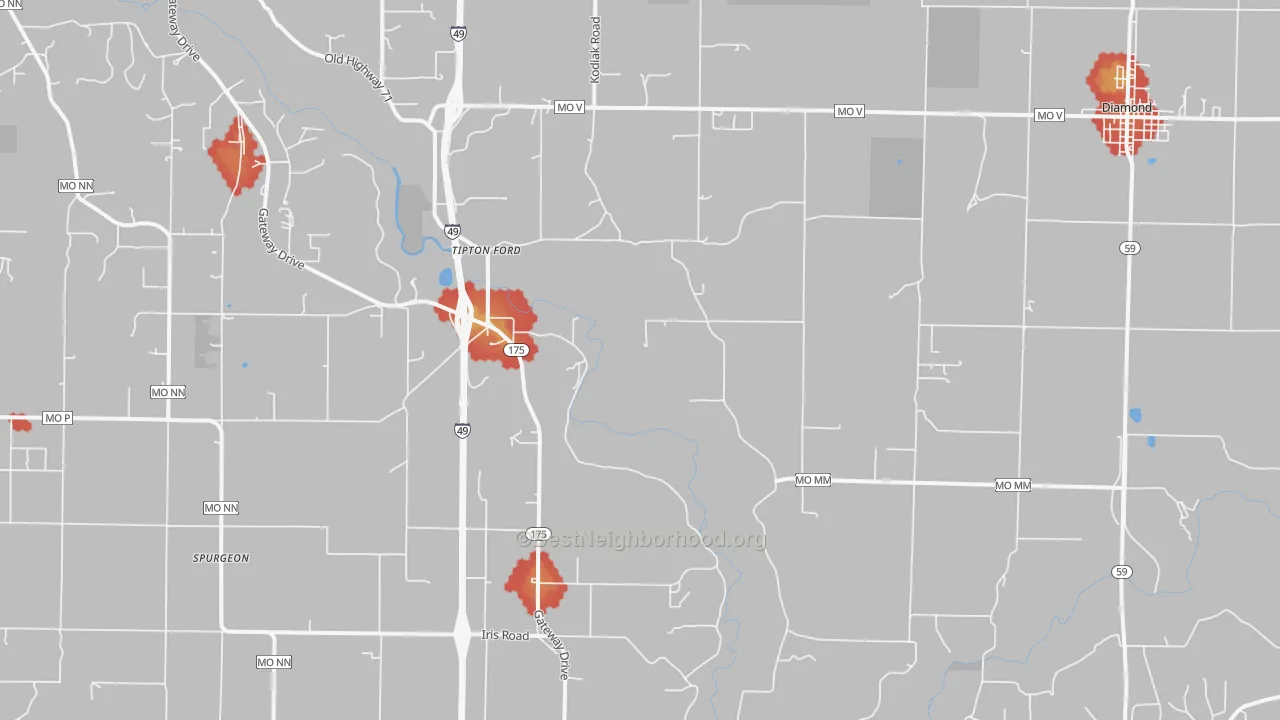 Walk Grade map of Saginaw, MO, walkable areas in green and car-dependent areas in red
