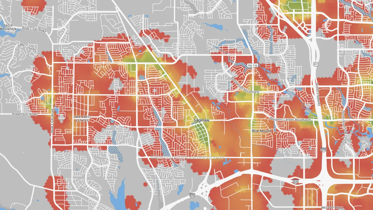 Walk Grade map of Saginaw, TX, walkable areas in green and car-dependent areas in red