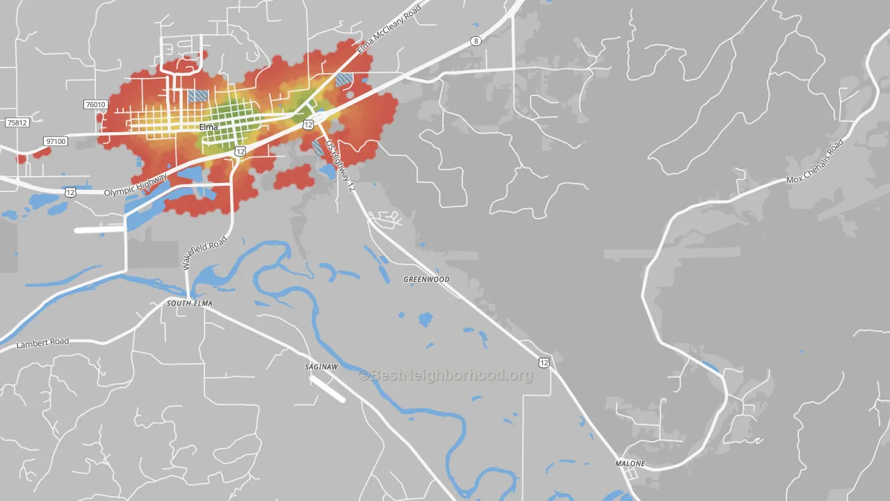 Walk Grade map of Saginaw, WA, walkable areas in green and car-dependent areas in red