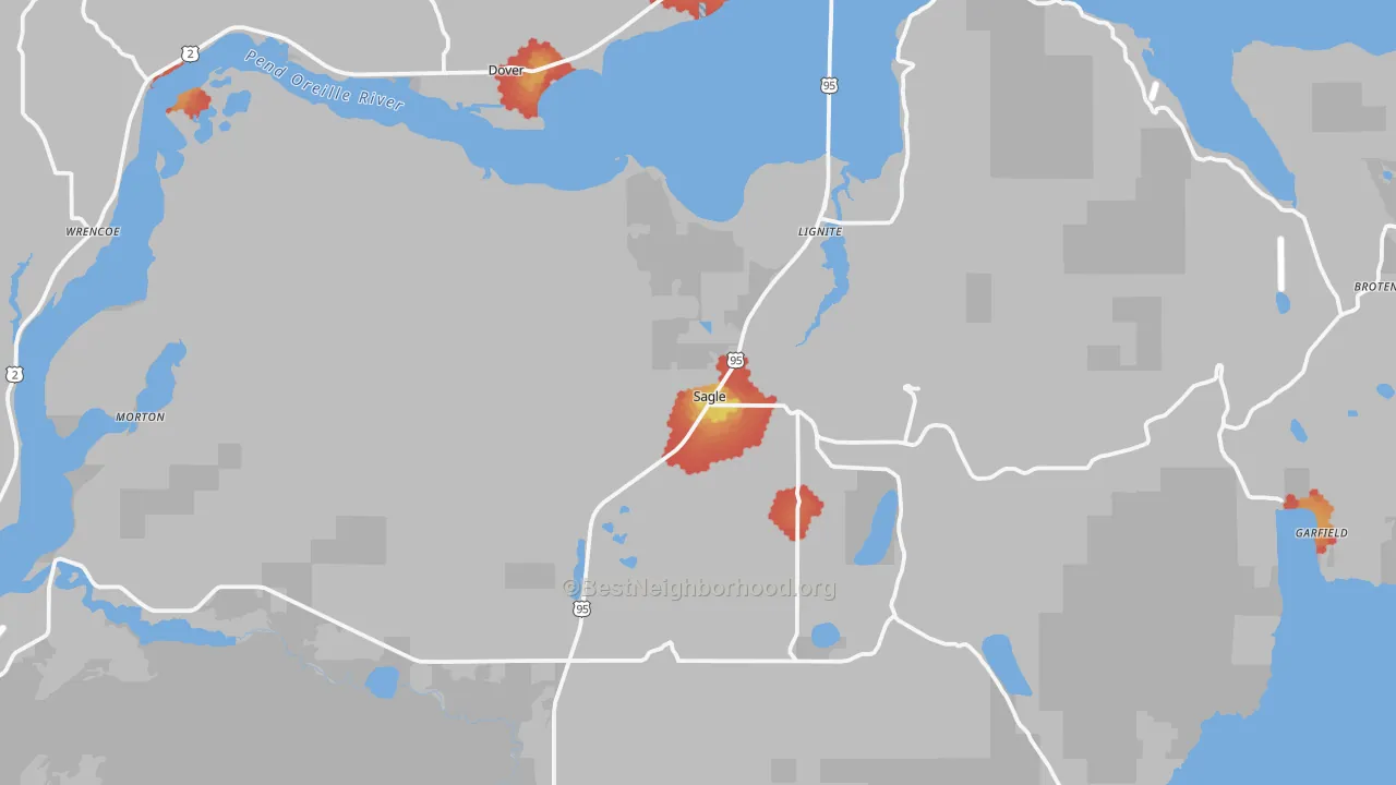 Walk Grade map of Sagle, ID, walkable areas in green and car-dependent areas in red
