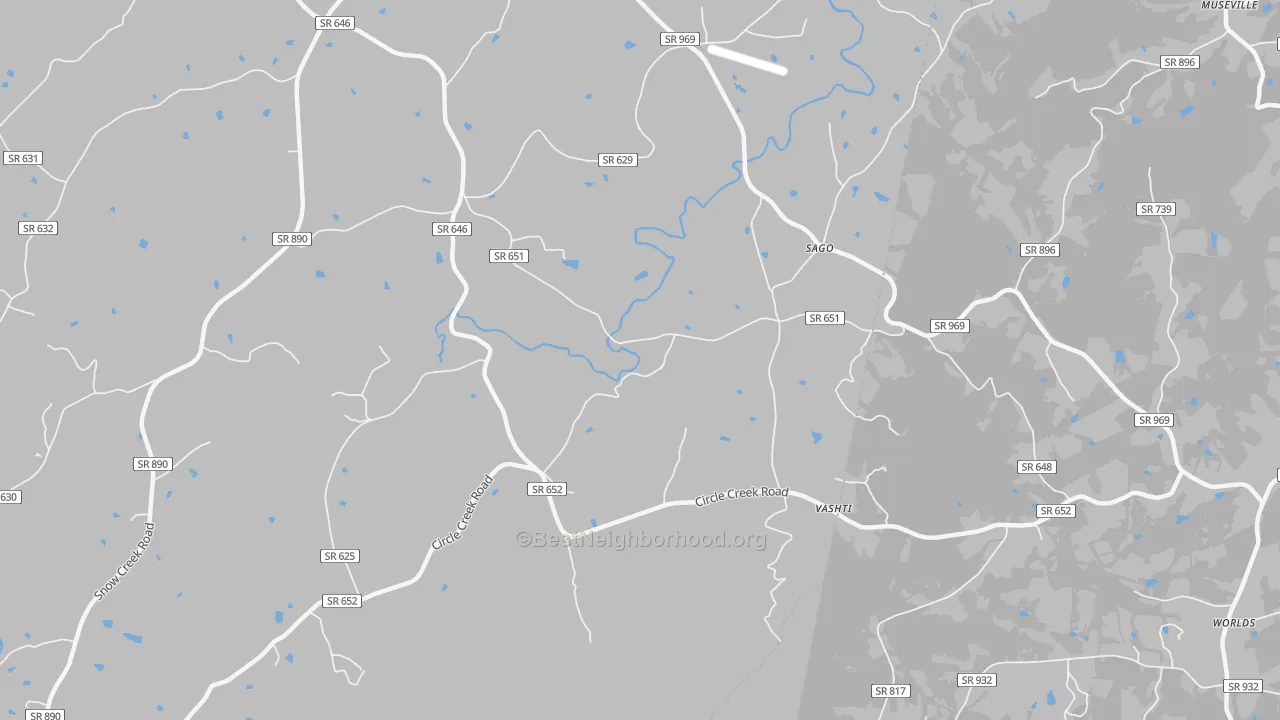 Walk Grade map of Sago, VA, walkable areas in green and car-dependent areas in red