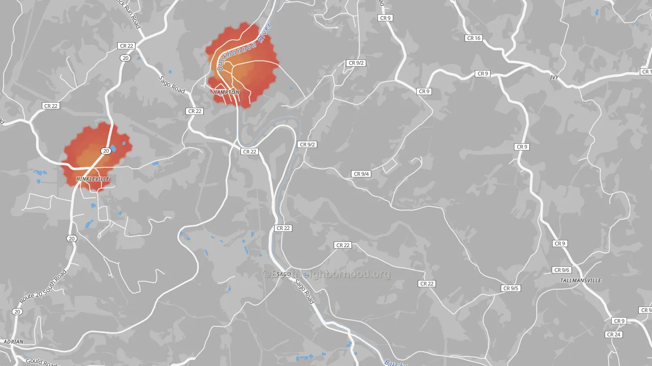 Walk Grade map of Sago, WV, walkable areas in green and car-dependent areas in red