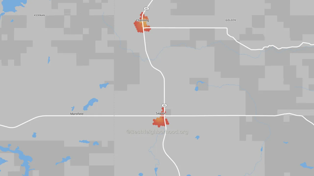 Walk Grade map of Sagola, MI, walkable areas in green and car-dependent areas in red