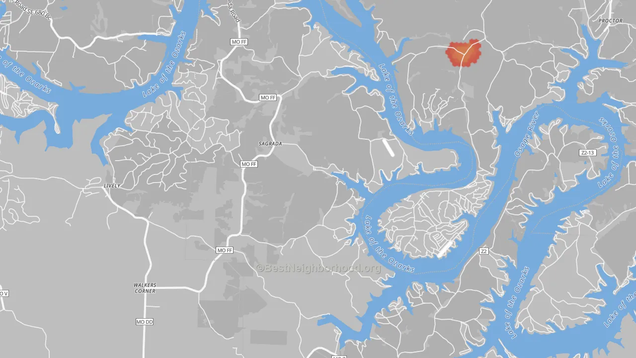 Walk Grade map of Sagrada, MO, walkable areas in green and car-dependent areas in red