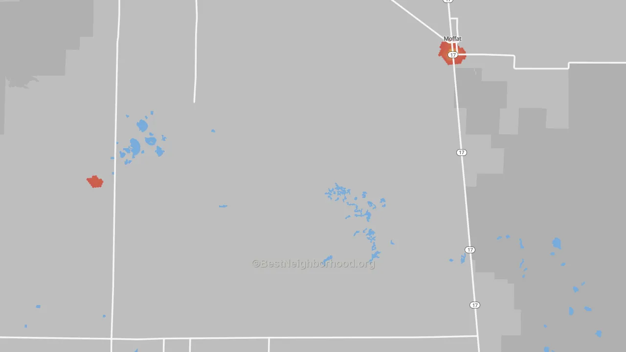 Walk Grade map of Saguache County, CO, walkable areas in green and car-dependent areas in red