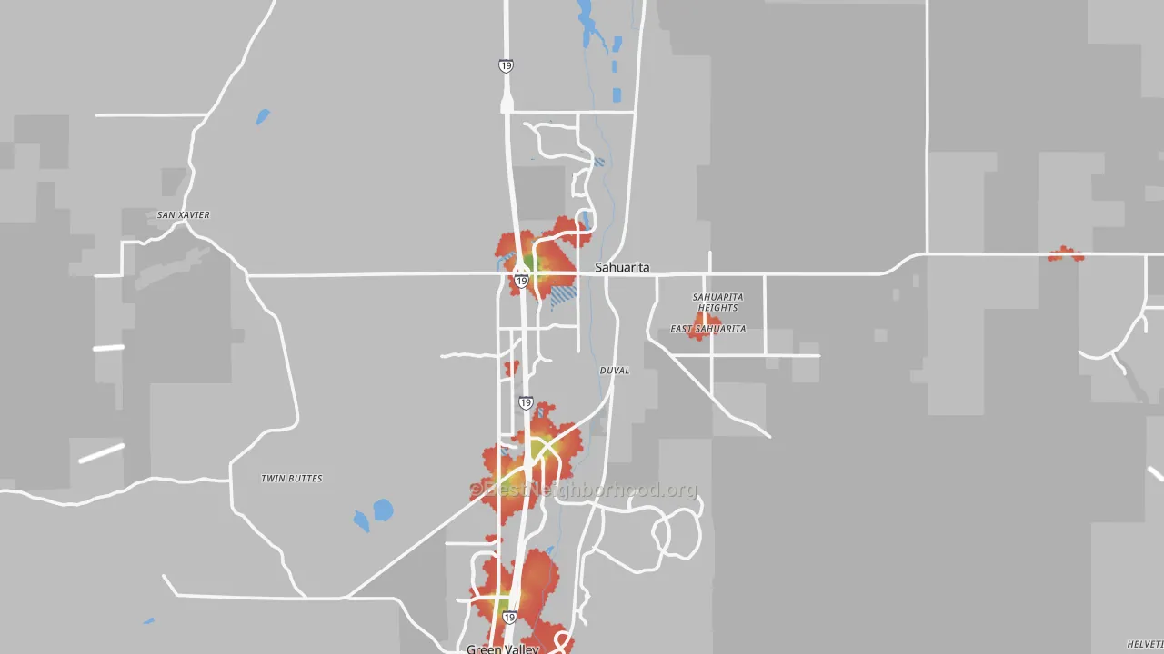 Walk Grade map of Sahuarita, AZ, walkable areas in green and car-dependent areas in red