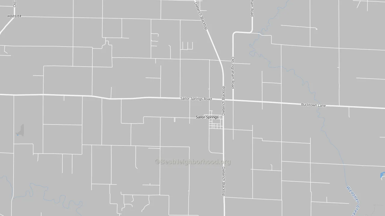 Walk Grade map of Sailor Springs, IL, walkable areas in green and car-dependent areas in red