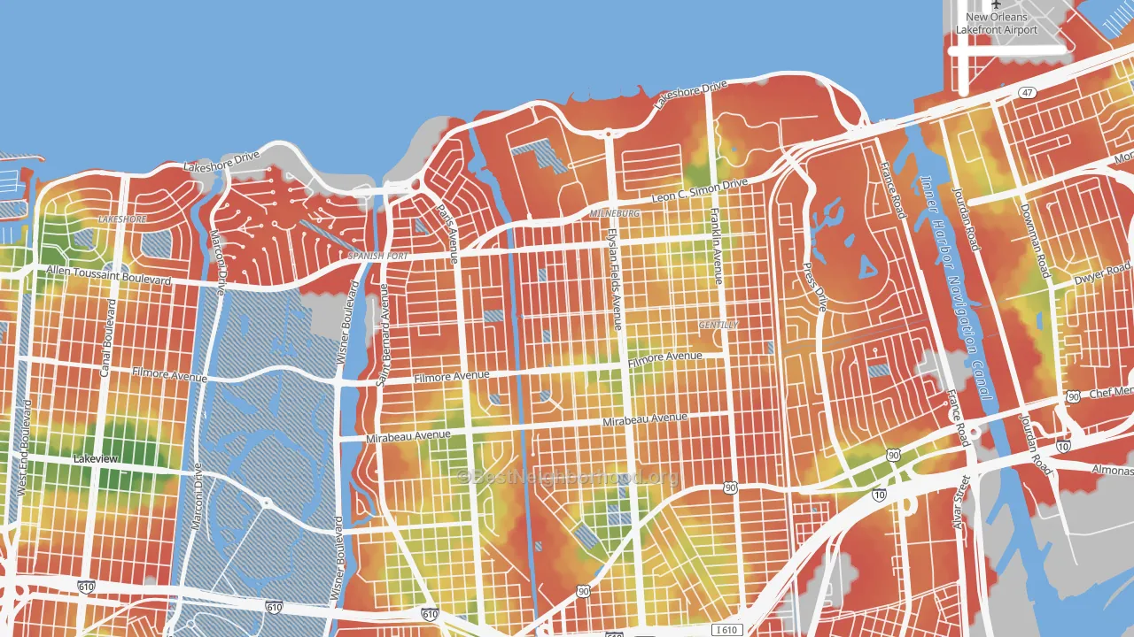 Walk Grade map of Saint Anthony, New Orleans, LA, walkable areas in green and car-dependent areas in red