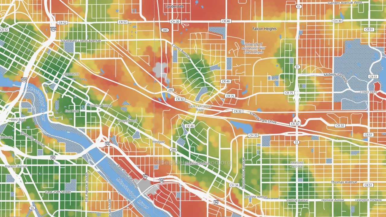 Walk Grade map of Saint Anthony, St. Paul, MN, walkable areas in green and car-dependent areas in red