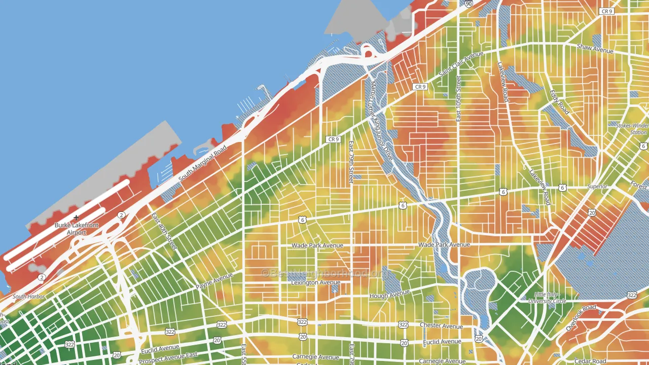 Walk Grade map of Saint Claire-Superior, Cleveland, OH, walkable areas in green and car-dependent areas in red