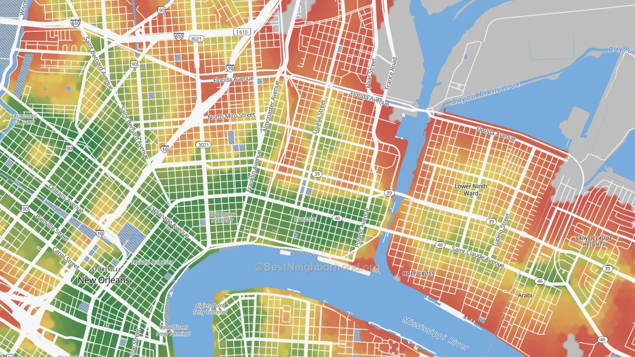 Walk Grade map of Saint Claude, New Orleans, LA, walkable areas in green and car-dependent areas in red