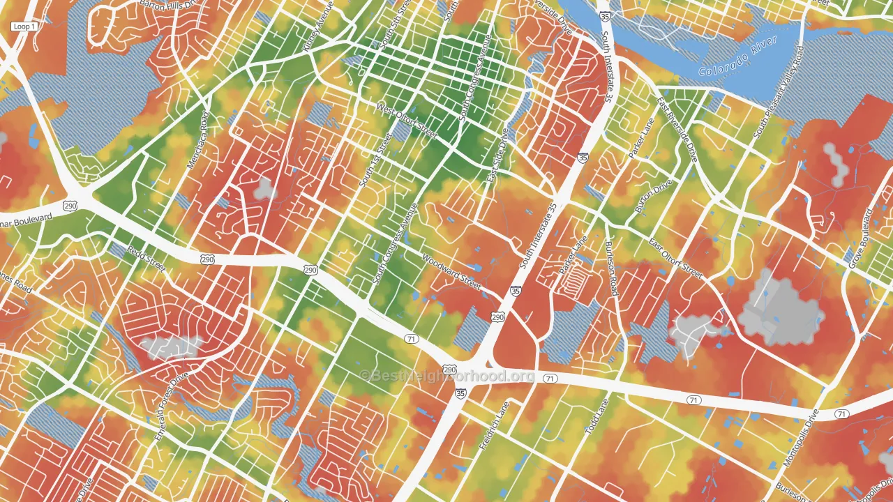 Walk Grade map of Saint Edwards, Austin, TX, walkable areas in green and car-dependent areas in red