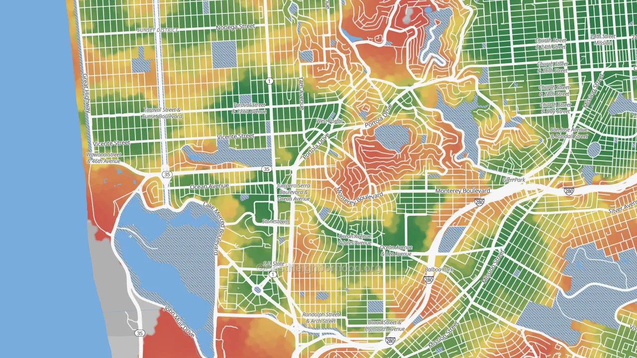 Walk Grade map of Saint Francis Wood, San Francisco, CA, walkable areas in green and car-dependent areas in red
