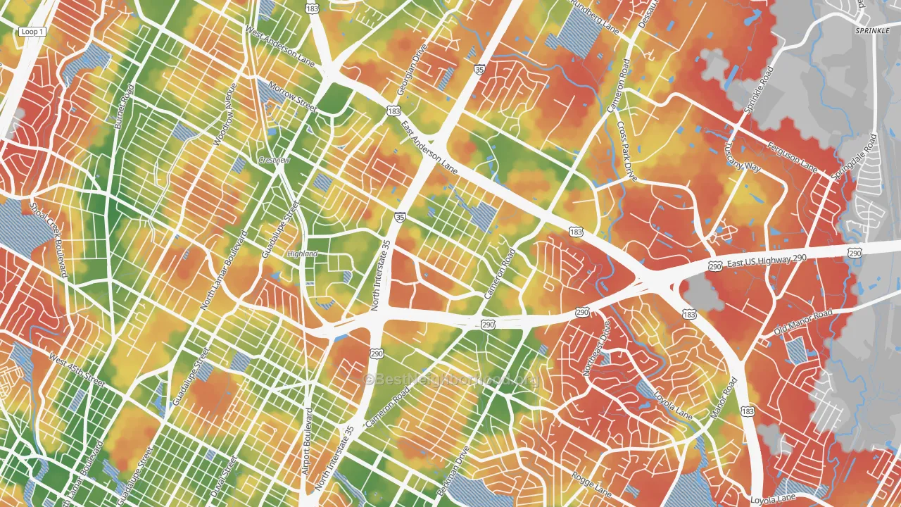 Walk Grade map of Saint Johns, Austin, TX, walkable areas in green and car-dependent areas in red