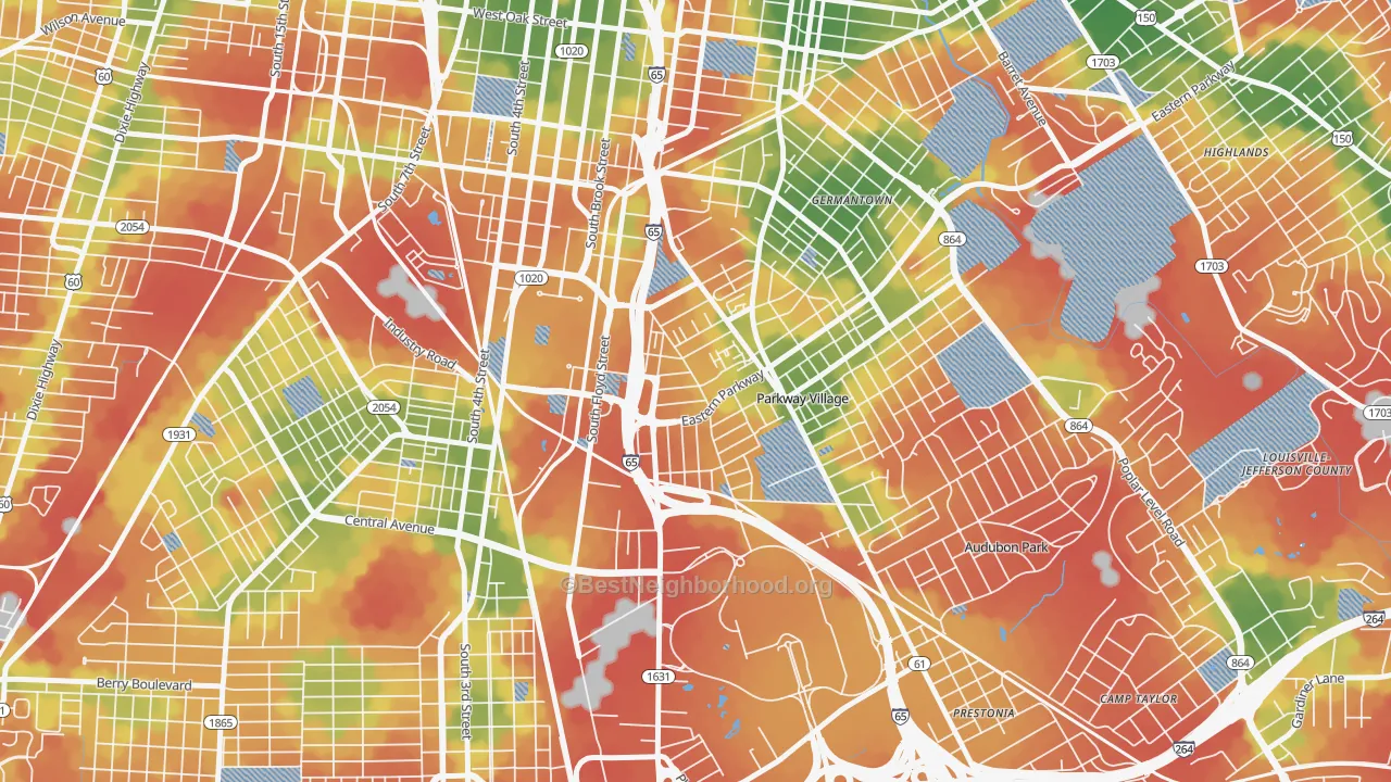 Walk Grade map of Saint Joseph, Louisville, KY, walkable areas in green and car-dependent areas in red