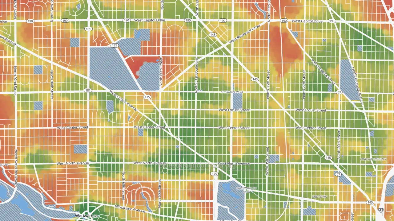 Walk Grade map of Saint Joseph, Milwaukee, WI, walkable areas in green and car-dependent areas in red