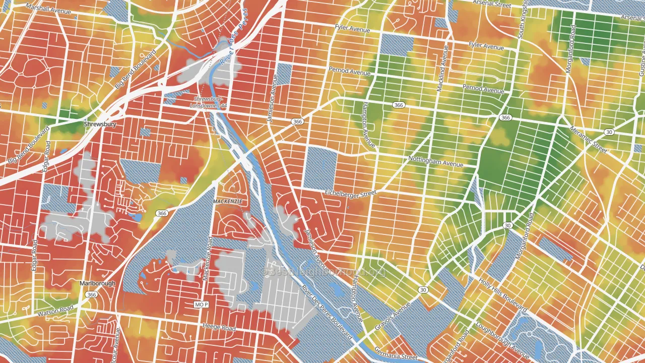 Walk Grade map of Saint Louis Hills, St. Louis, MO, walkable areas in green and car-dependent areas in red