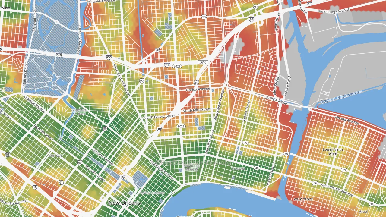 Walk Grade map of Saint Roch, New Orleans, LA, walkable areas in green and car-dependent areas in red