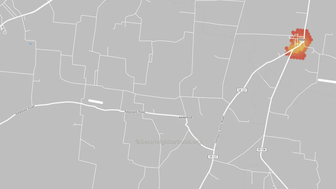 Walk Grade map of Sainville, TN, walkable areas in green and car-dependent areas in red