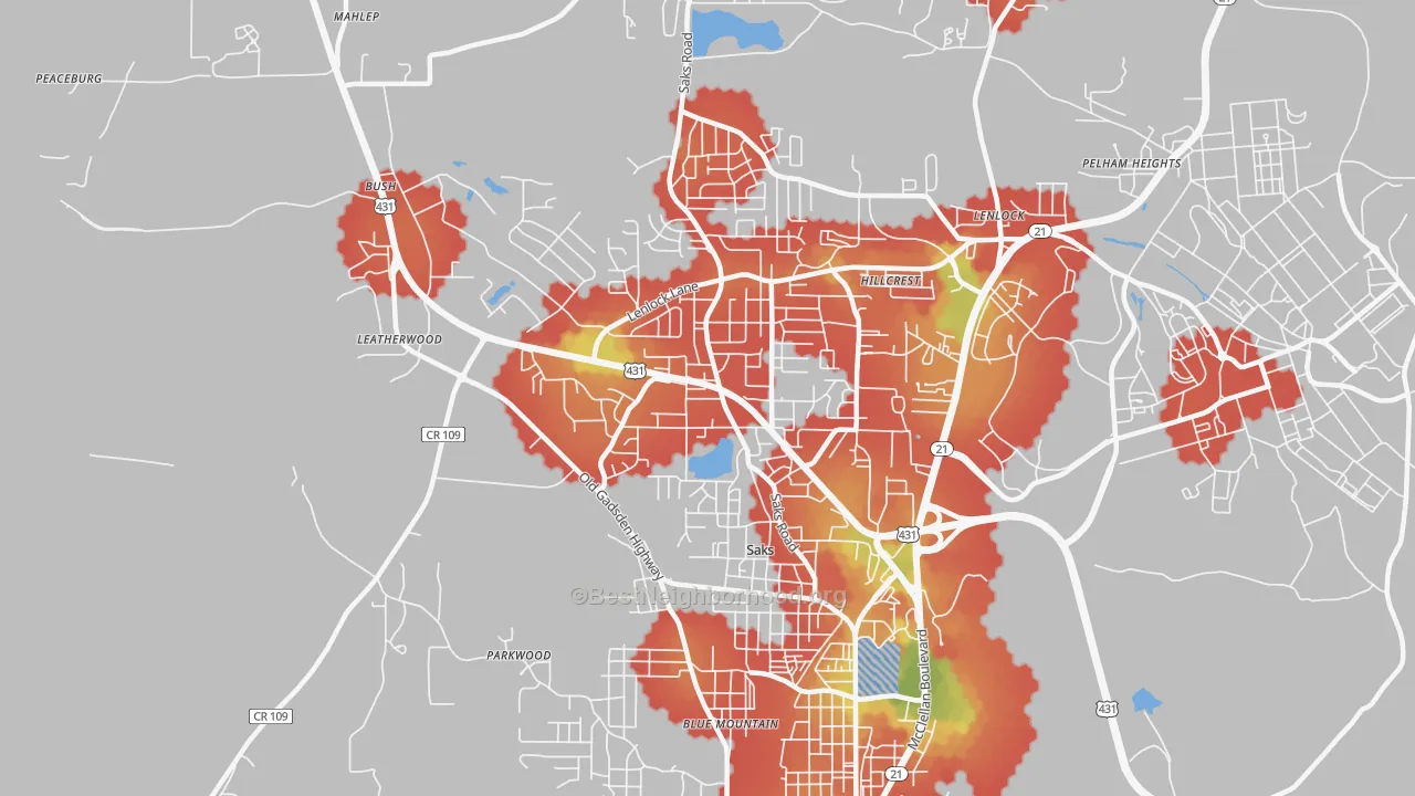 Walk Grade map of Saks, AL, walkable areas in green and car-dependent areas in red