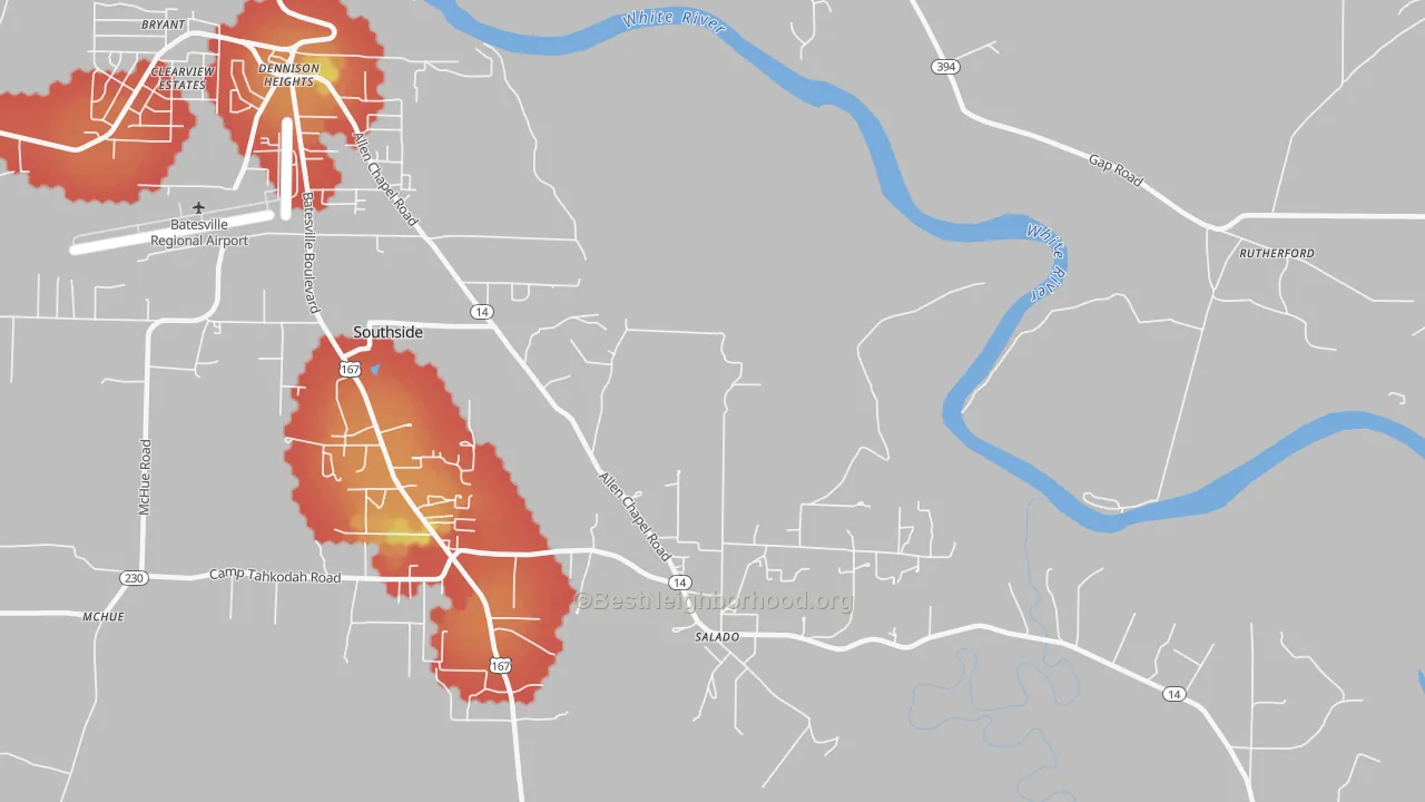 Walk Grade map of Salado, AR, walkable areas in green and car-dependent areas in red
