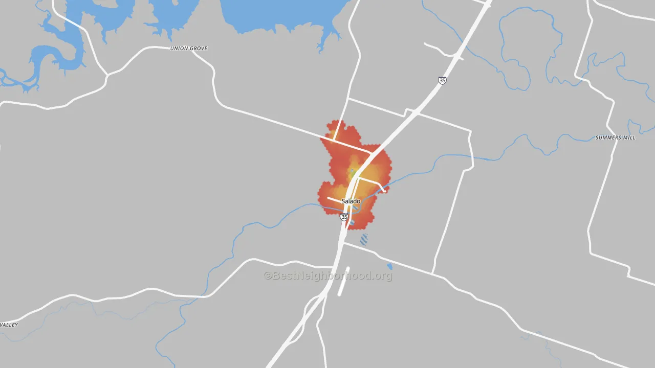 Walk Grade map of Salado, TX, walkable areas in green and car-dependent areas in red