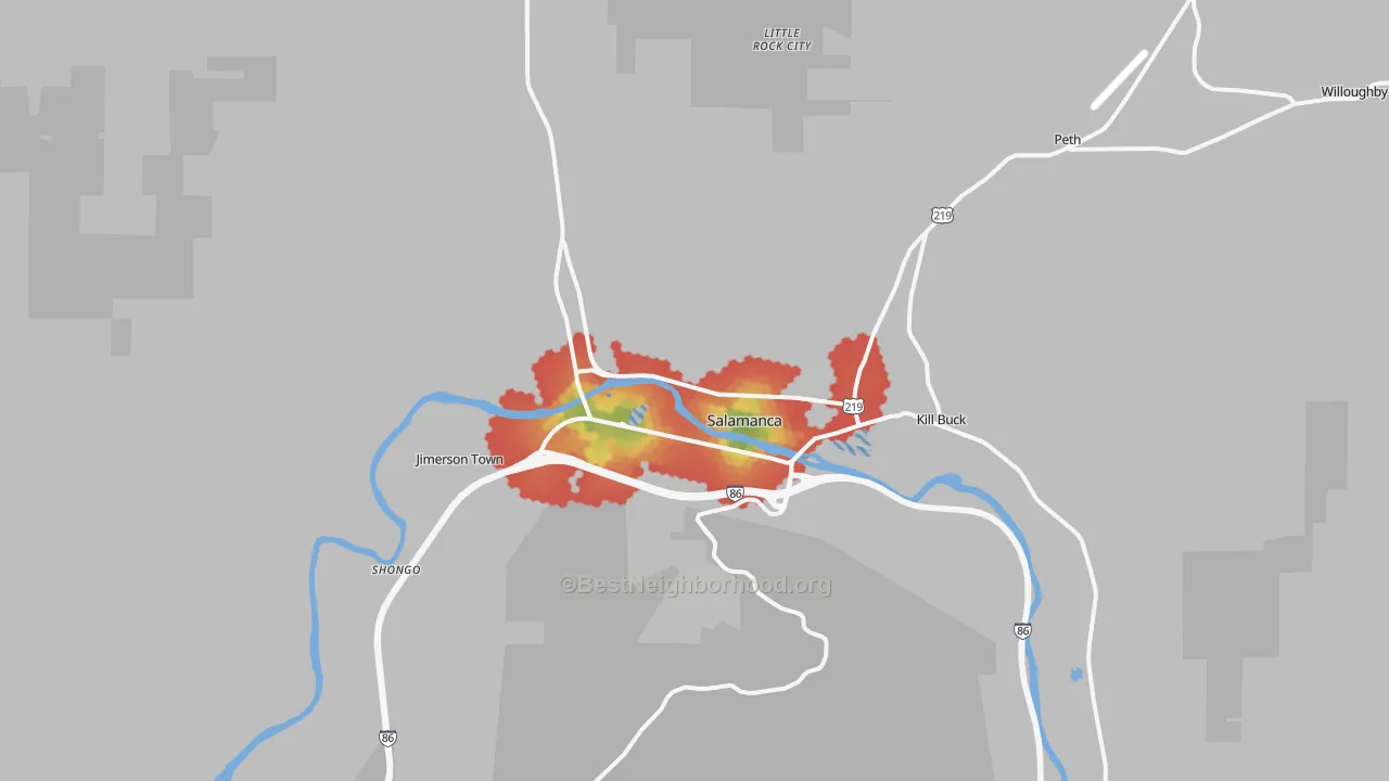 Walk Grade map of Salamanca, NY, walkable areas in green and car-dependent areas in red