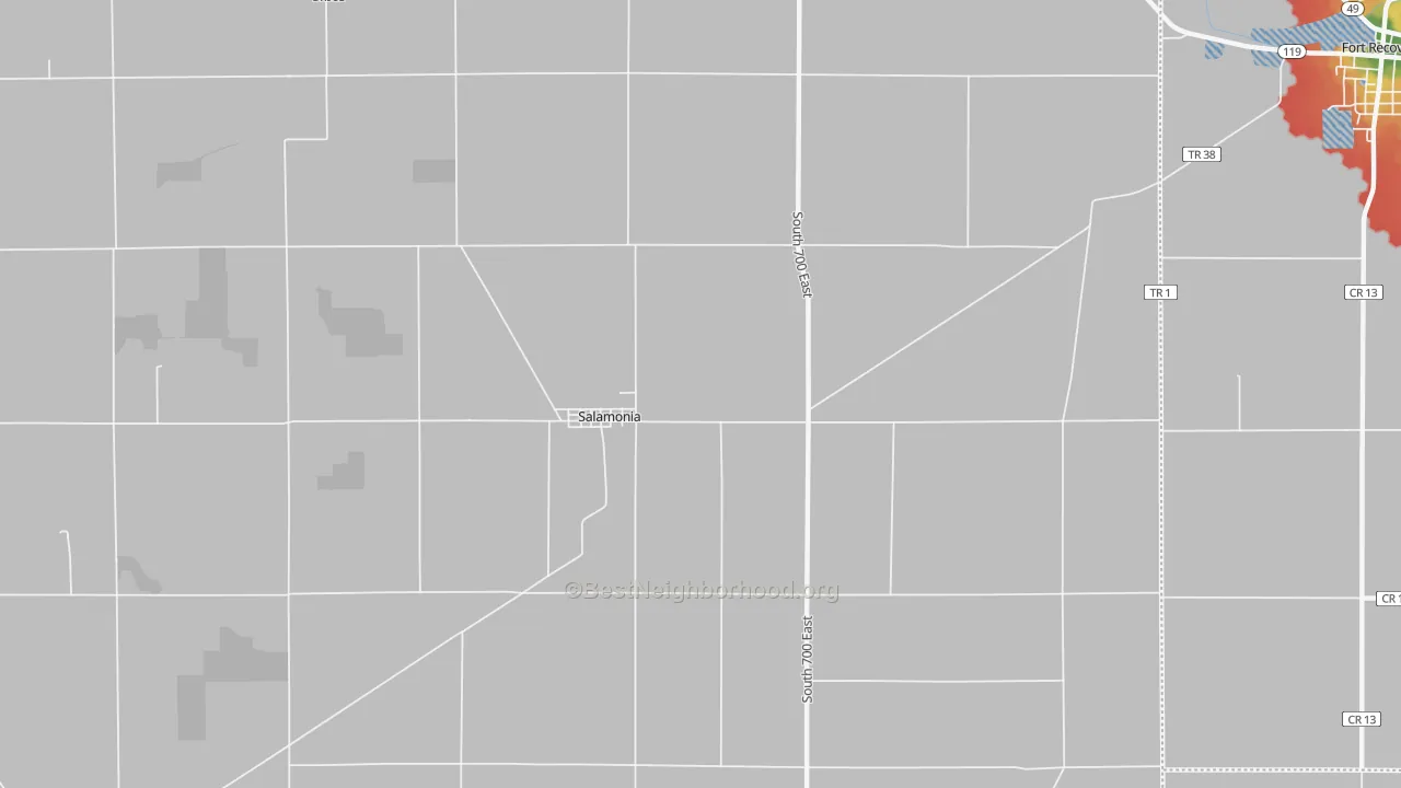 Walk Grade map of Salamonia, IN, walkable areas in green and car-dependent areas in red