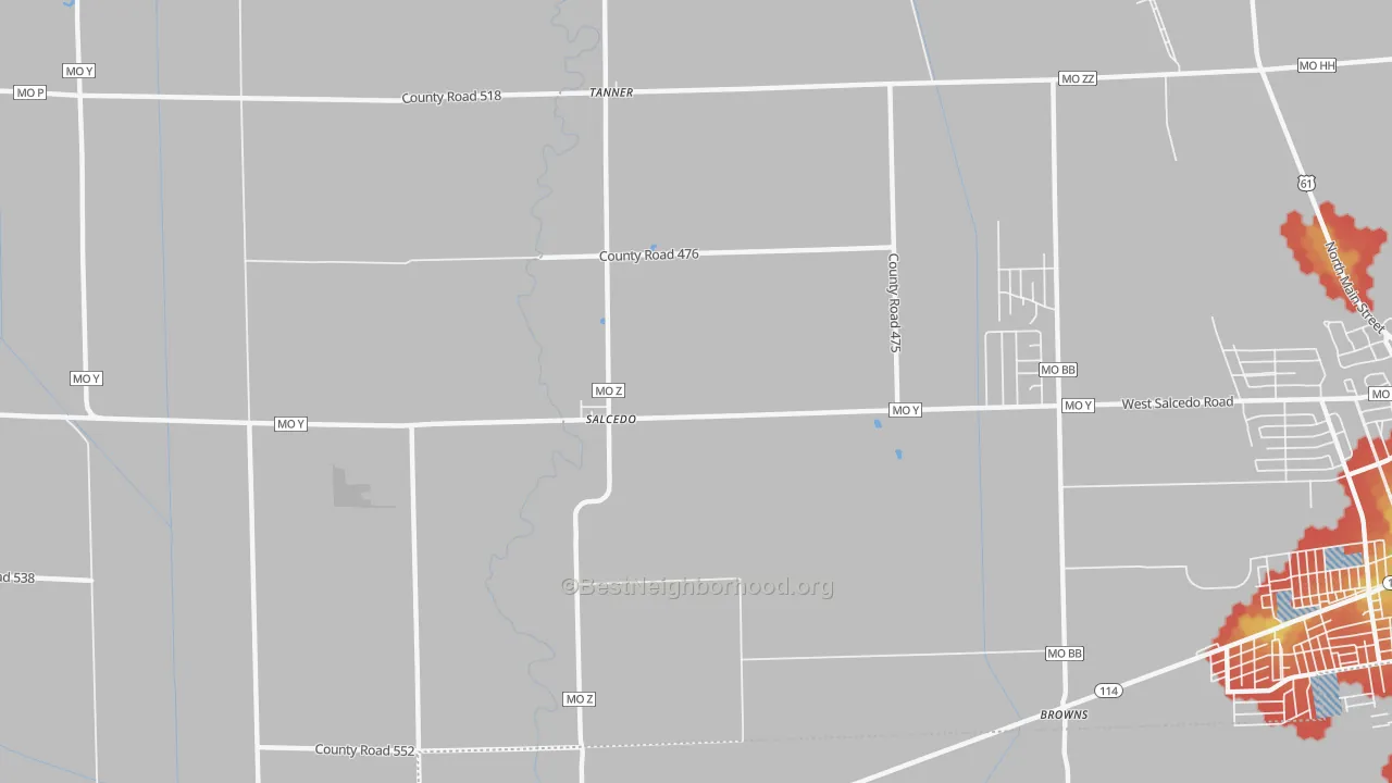 Walk Grade map of Salcedo, MO, walkable areas in green and car-dependent areas in red