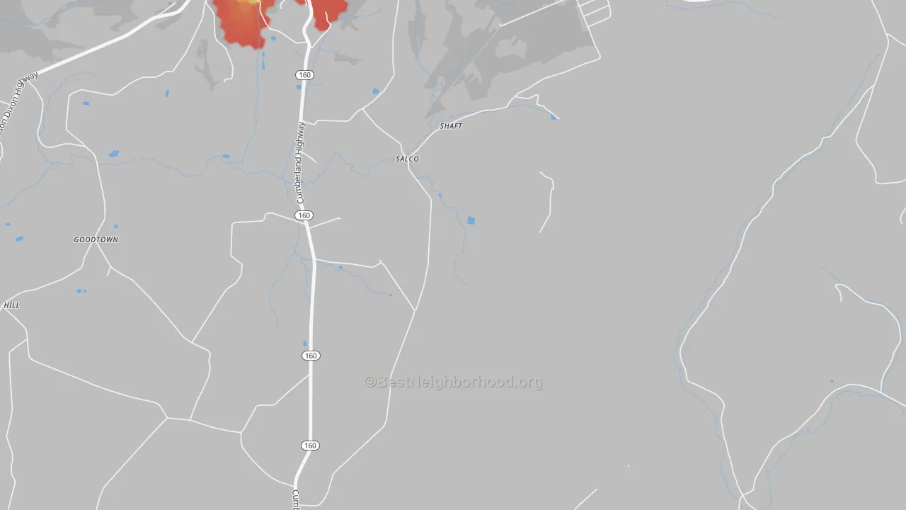 Walk Grade map of Salco, PA, walkable areas in green and car-dependent areas in red