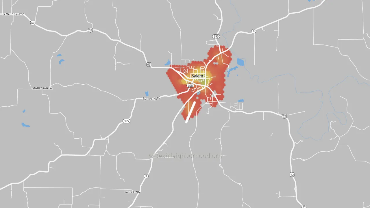 Walk Grade map of Salem, AR, walkable areas in green and car-dependent areas in red