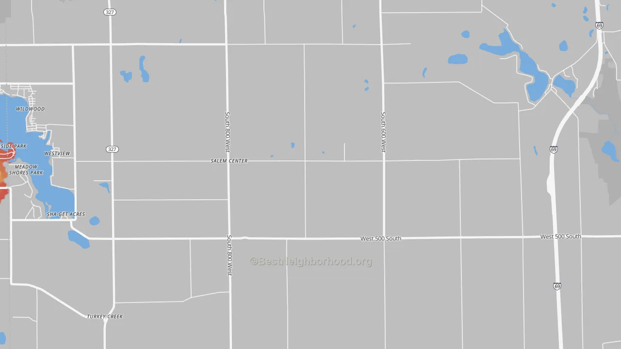Walk Grade map of Salem Center, IN, walkable areas in green and car-dependent areas in red