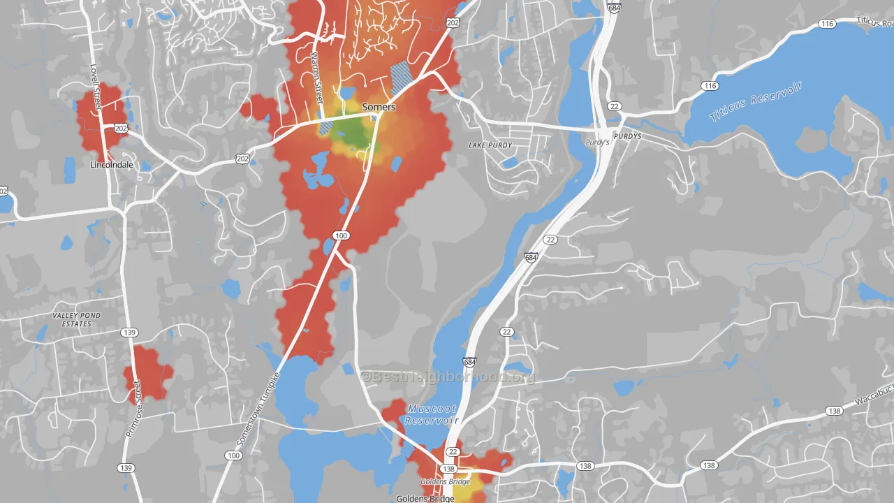 Walk Grade map of Salem Center, NY, walkable areas in green and car-dependent areas in red