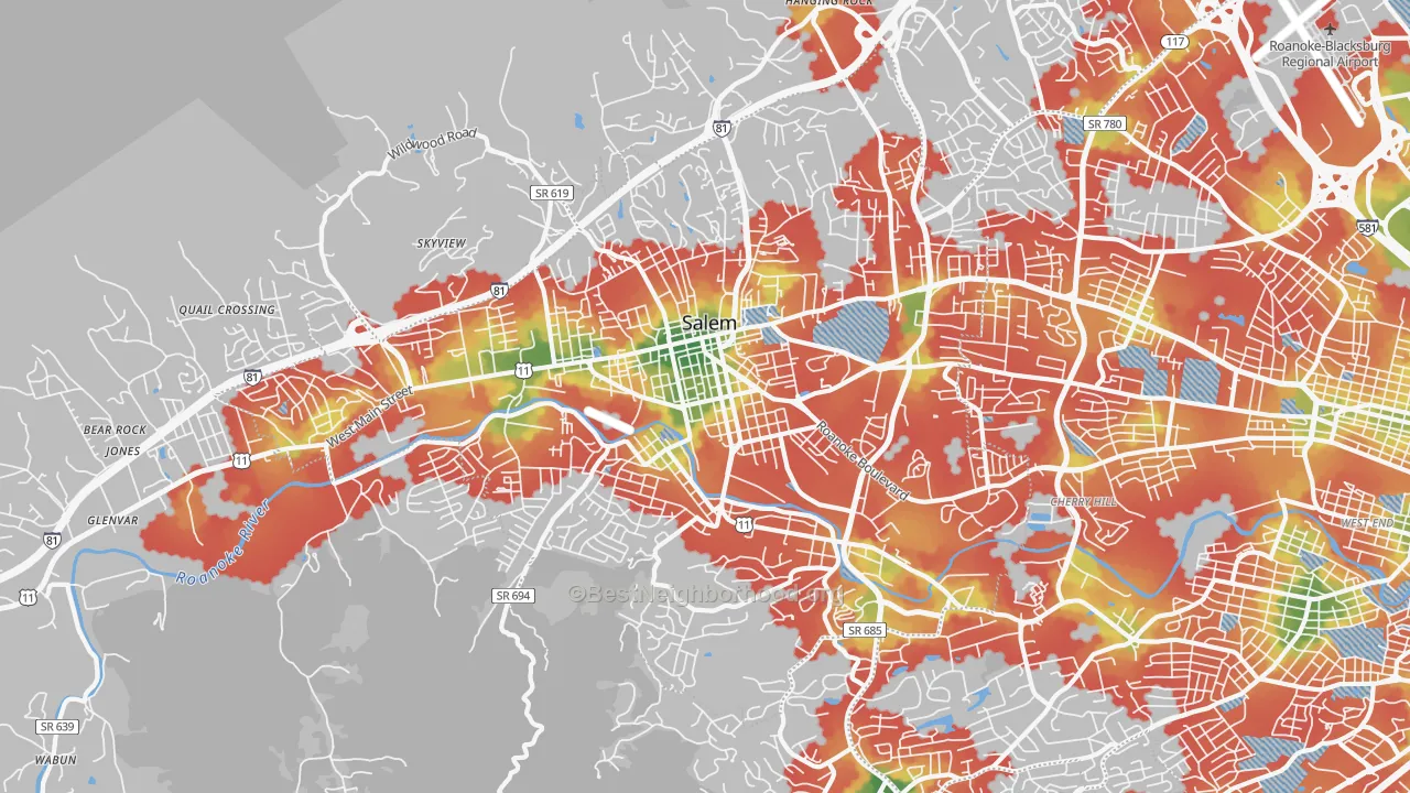 Walk Grade map of Salem City, VA, walkable areas in green and car-dependent areas in red