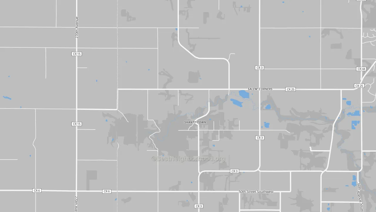 Walk Grade map of Salem Corners, MN, walkable areas in green and car-dependent areas in red