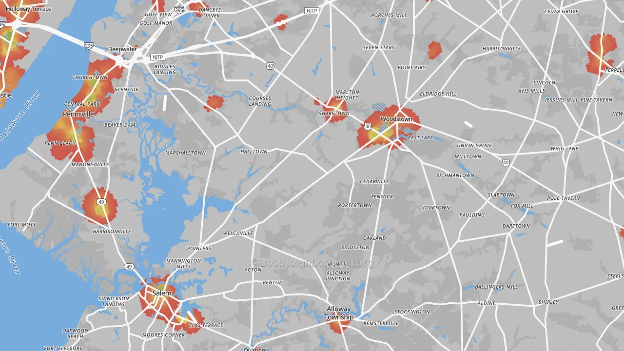 Walk Grade map of Salem County, NJ, walkable areas in green and car-dependent areas in red