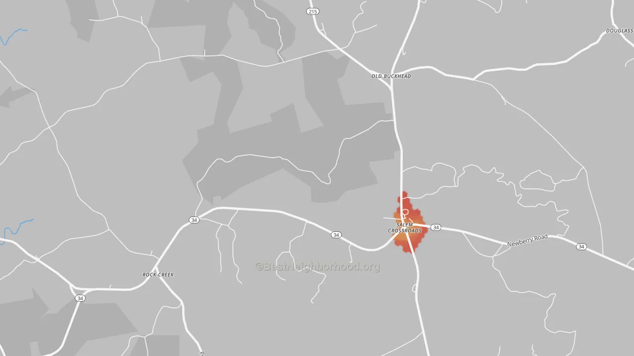 Walk Grade map of Salem Crossroads, SC, walkable areas in green and car-dependent areas in red