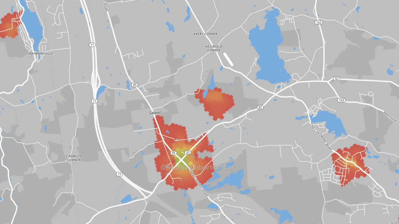 Walk Grade map of Salem, CT, walkable areas in green and car-dependent areas in red