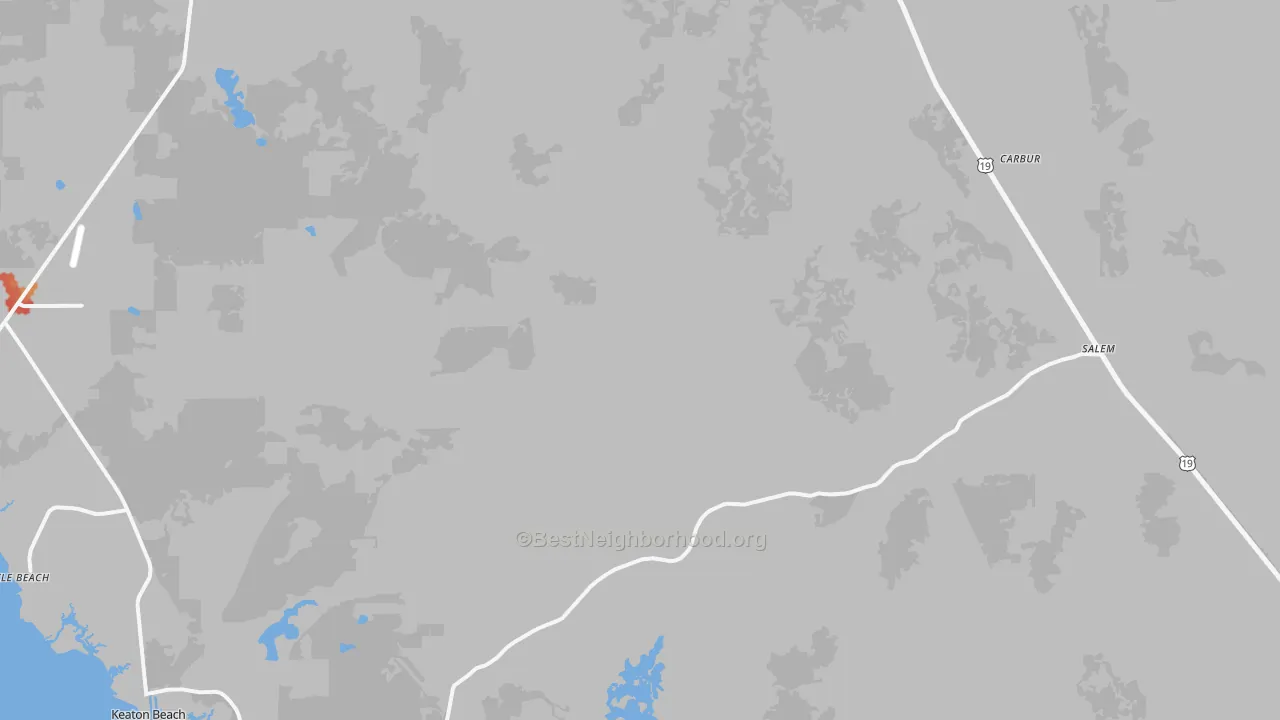 Walk Grade map of Salem, FL, walkable areas in green and car-dependent areas in red