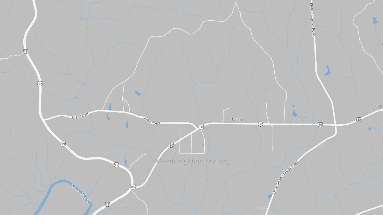 Walk Grade map of Salem, GA, walkable areas in green and car-dependent areas in red
