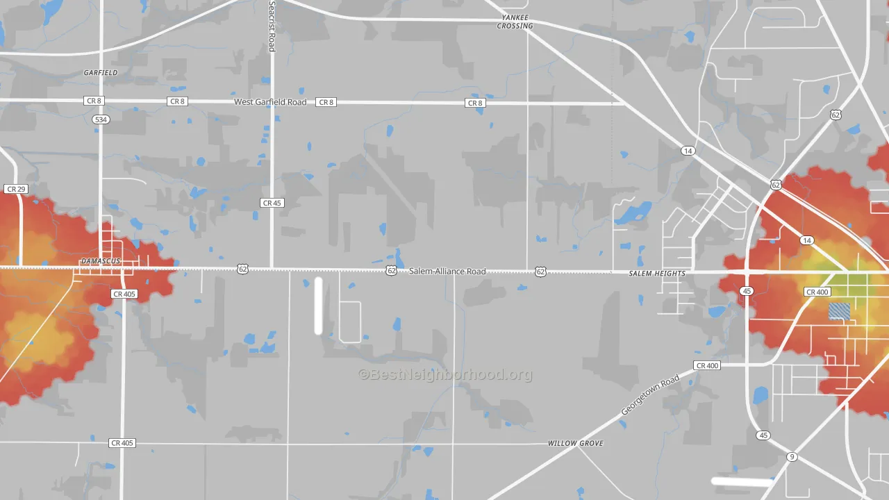 Walk Grade map of Salem Heights, OH, walkable areas in green and car-dependent areas in red