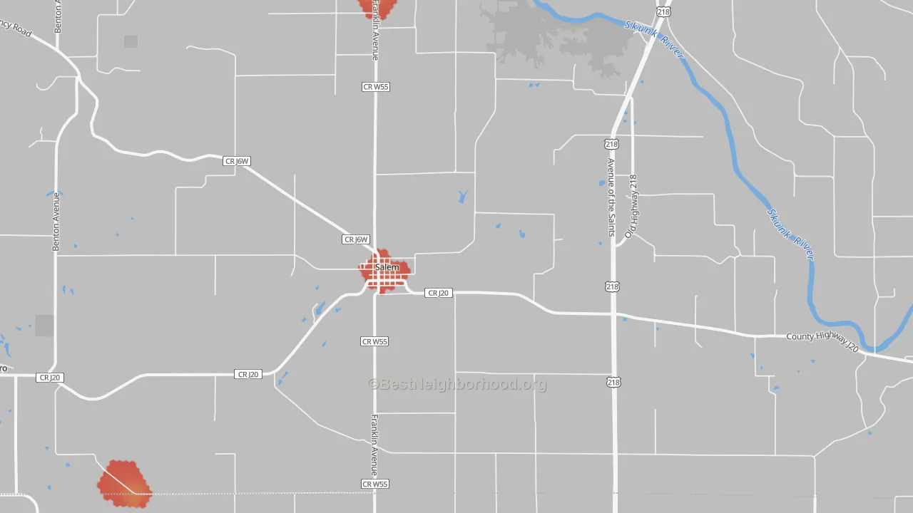 Walk Grade map of Salem, IA, walkable areas in green and car-dependent areas in red