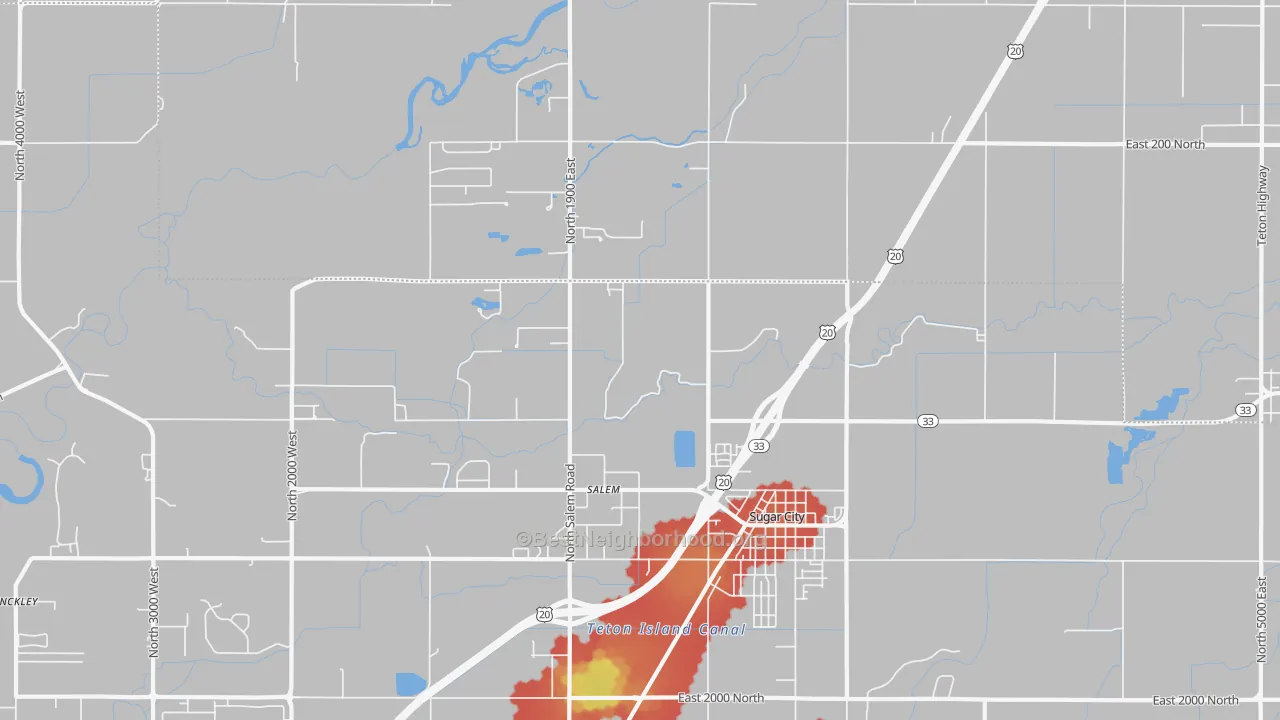 Walk Grade map of Salem, ID, walkable areas in green and car-dependent areas in red